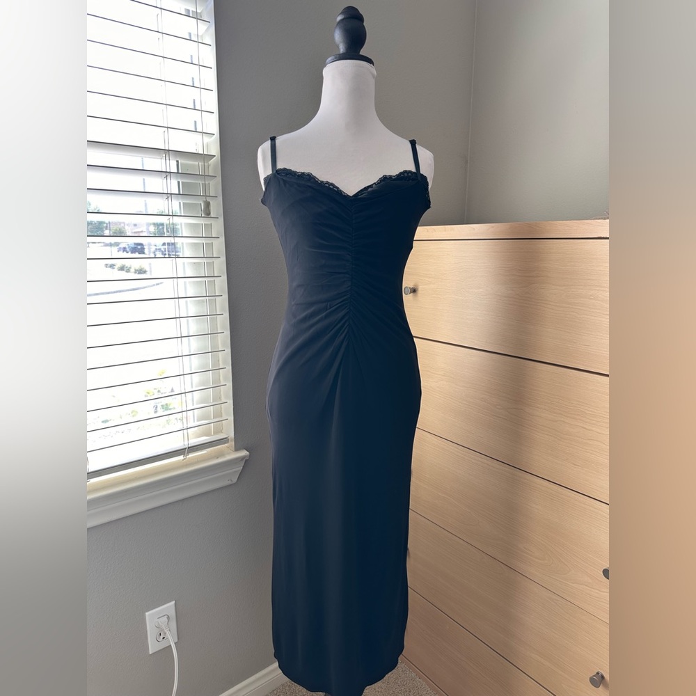 Laundry By Shelli Segal Black Slip Midi Dress with Lace Trim